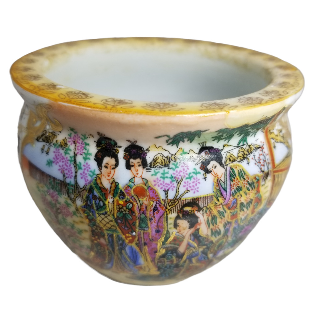 Vintage Gold Satsuma Chinoiserie Fish Bowl Geisha Women Lotus Collectible TM-5